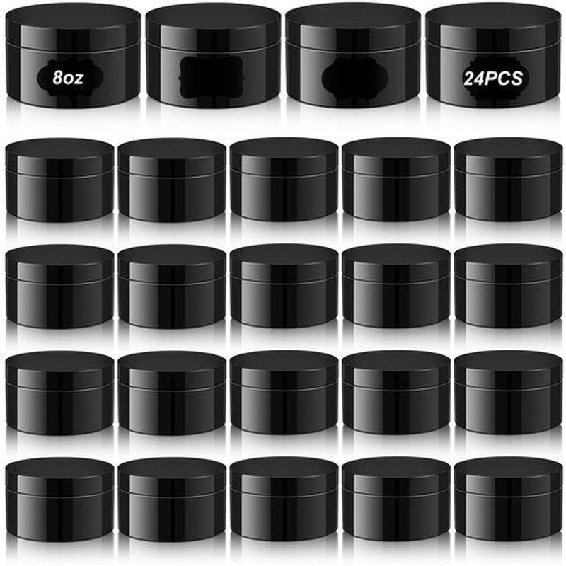 Dandat 24 Pcs Plastic Jars with Lid and Label PET Cosmetic Containers Leak Proof Empty Cosmetic Jars Refillable Storage Travel Jars for Lotion Cream Gel Powder Ointment(Black,8 oz)
