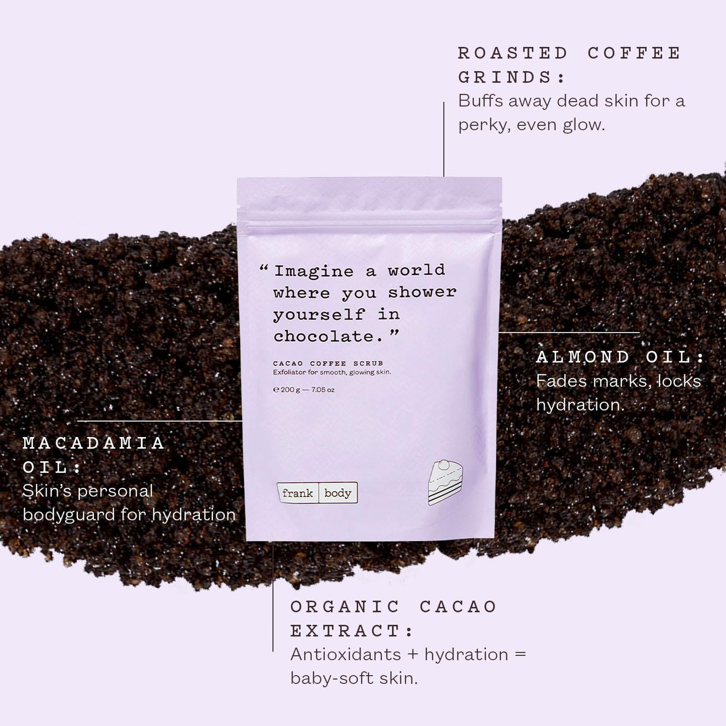 Frank Body Cacao Coffee Scrub | Natural, Vegan, Cruelty Free Exfoliating Body Scrub Smooths, Hydrates, and Nourishes Skin with Cacao Extract, Macadamia Oil, and Vitamins A, E, and D | 7.05 oz / 200 g