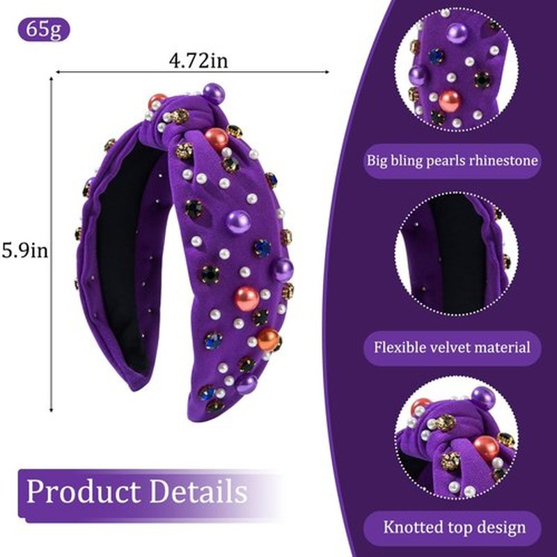 Halloween Head Bands for Women's Hair Knotted Headband With Pearl Rhinestone Hair Bands for Women's Hair Non Slip Wide Top Girls Headbands Crystal Beaded Headwear Halloween Accessories (Purple)
