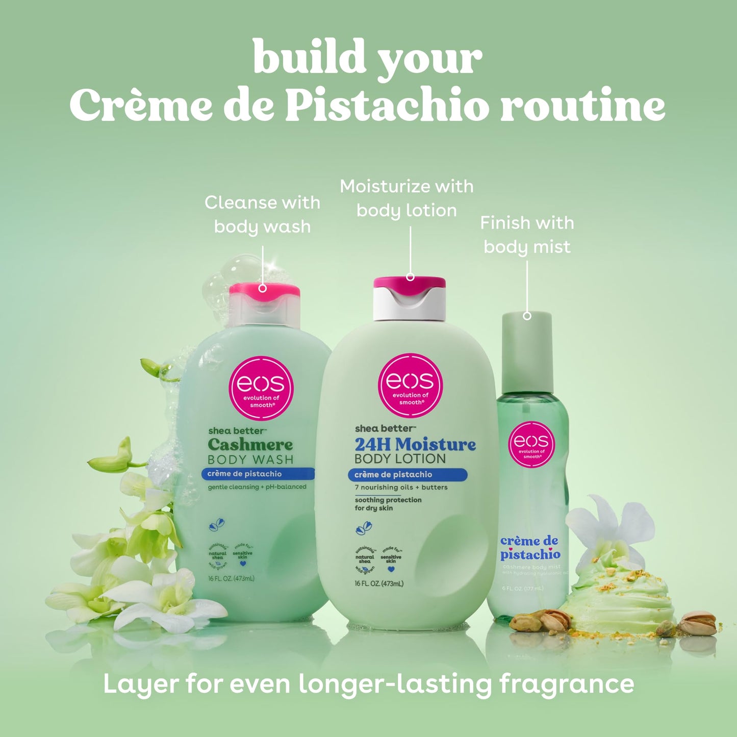 eos Cashmere Body Mist, Crème de Pistachio, body spray for women, hair mist, moisturizing, hyaluronic acid, glycerin, vegan, cruelty-free, 6 fl oz