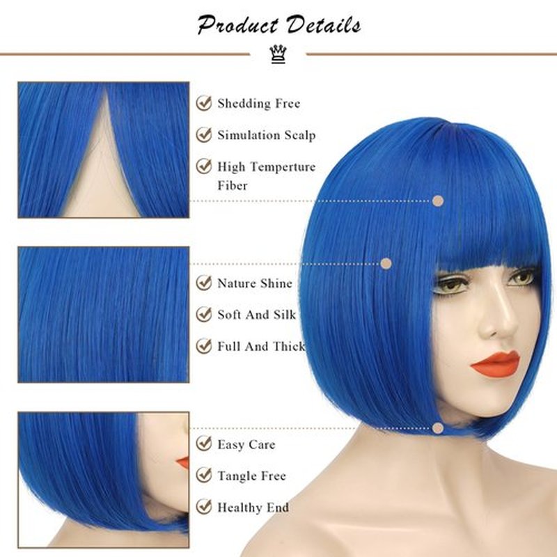 SOFEIYAN Short Straight Bob Wigs with Bangs 11 inch Synthetic Daily Party Cosplay Hair Wig for Black Women, Dark Blue