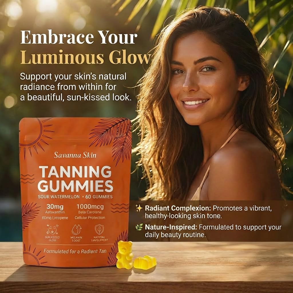 Lyva Savanna Skin Tanning Gummies - Natural Sunless Glow Supplement with Beta-Carotene & Vitamin C – 60 Vegan Gummies for a Golden, Radiant Complexion