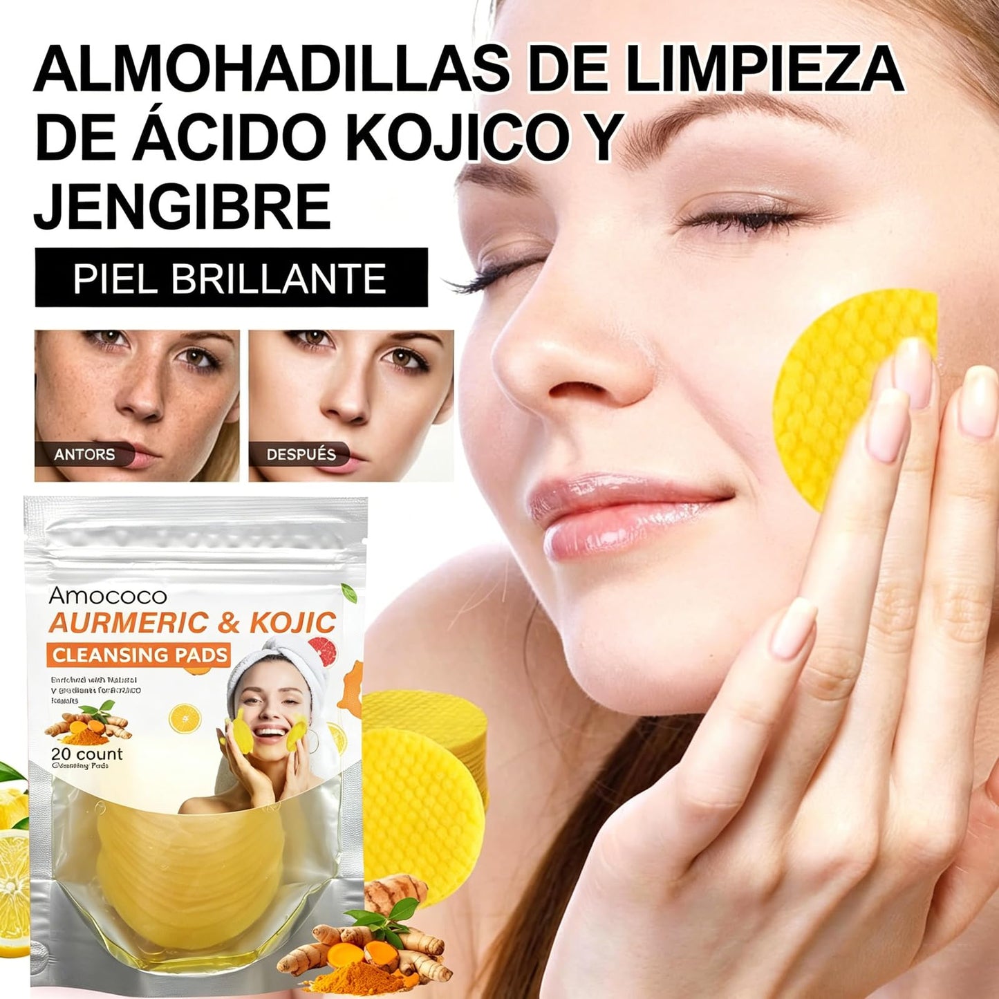 Amococo Turmeric & Kojic Acid Cleansing Pads, 20 Count, Chamomile for Dark Spots, Even Skin Tone, Gentle Daily Face Pads for Sensitive & Acne-Prone Skin