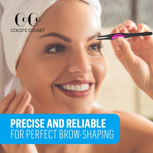 Slanted Professional Tweezers for Eyebrows & Plucking – Precision Tweezers for Women Facial Hair Removal, Ingrown Hairs, Men Grooming Kit – Sharp Tweezer has Silicone Grip by CoCo’s Closet, Black