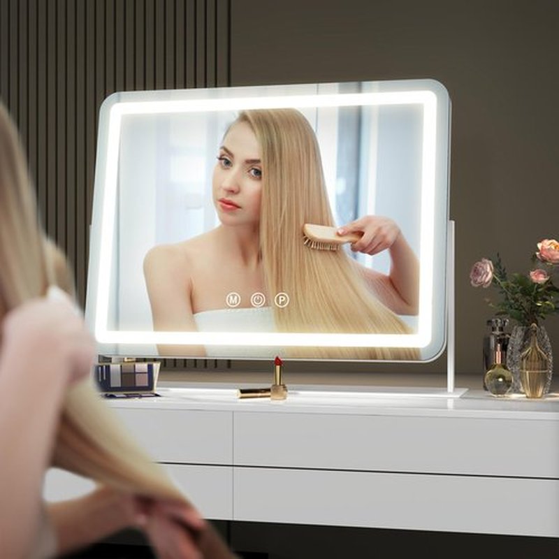 Hasipu Vanity Mirror with Lights, 14" x 12" LED Makeup Mirror, Light up Mirror with 10X Magnification, Smart Touch 3 Colors Dimmable, 360° Rotation (White)