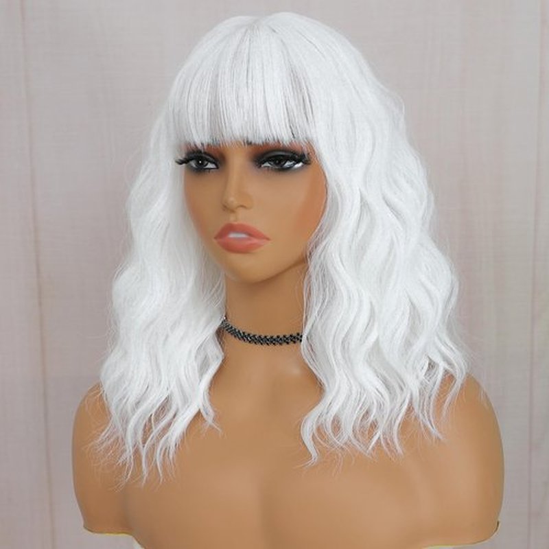 BEAUTIFA White Wig with Bangs for Women 14 Inch Shoulder Length White Wigs Short Bob Wavy Curly Wig Heat Resistant Synthetic Colorful Wig