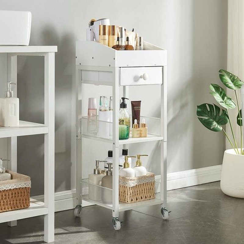 HUSHEDIFY Makeup Organizer Cart,3 Tier Floor Make up Storage Stand with Drawer, Free Standing Skincare Cosmetic Display Holder with Wheels for Vanity Bedroom Dresser Bathroom(White)