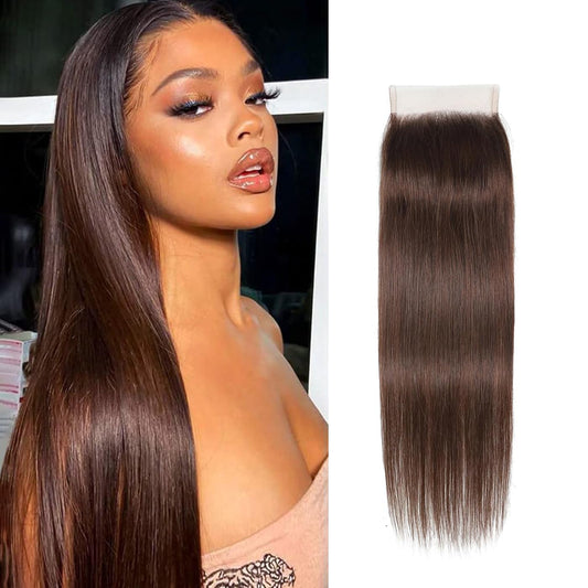 Chocolate Brown 4# Closure 4x4 Free Part Straight Wave Closure Brazilian Human Hair Extensions Preplucked Bleached Knots Sew In Weave Closure For Women Wet And Wavy 8 Inch