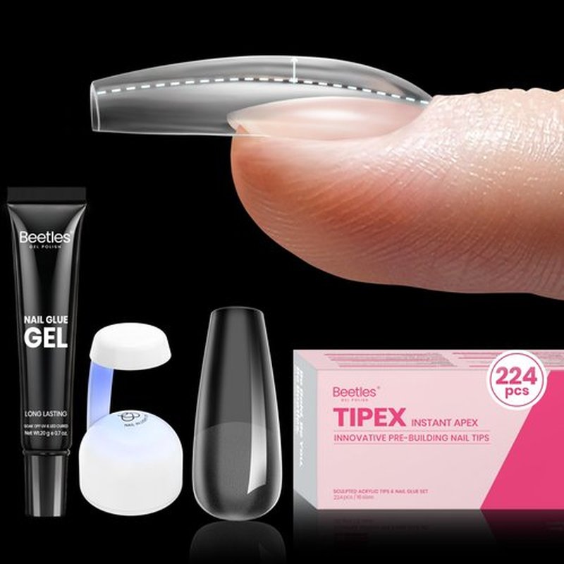 Beetles Tipex Gel Nail Kit: Medium Coffin Nail Tips C Curved Fake Tips, Pre Building Fake Nails with Uv Nail Glue，LED Nail Lamp, Base Coat, Nail File Available for Home DIY or Salon Use 224PCS 16Sizes