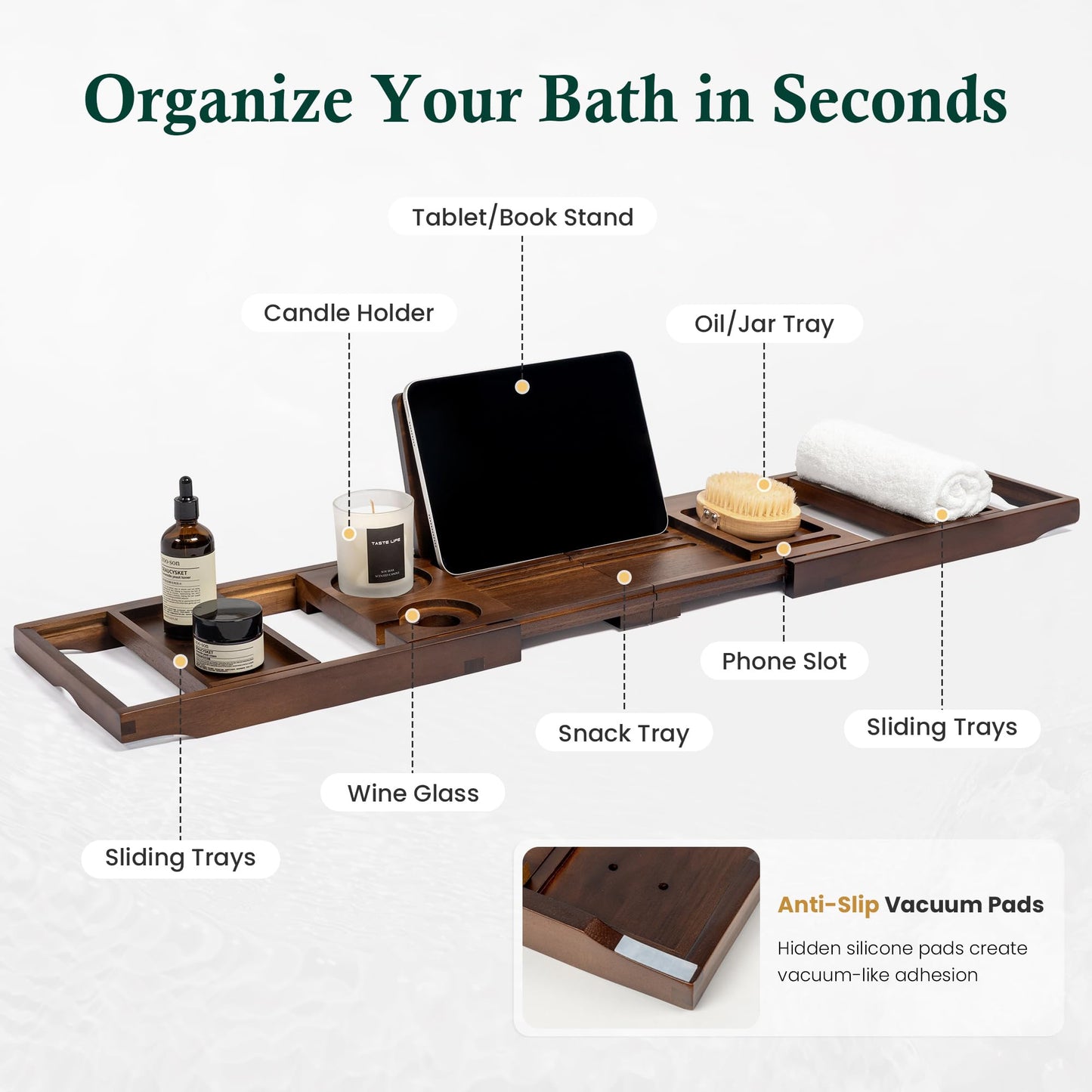 Realgulf Teak Bathtub Tray, Bath Caddy with Wine Glass Holder, Phone Dock & Book Stand | Hands-Free Reading & Ultimate Spa Relaxation Experience-Brown