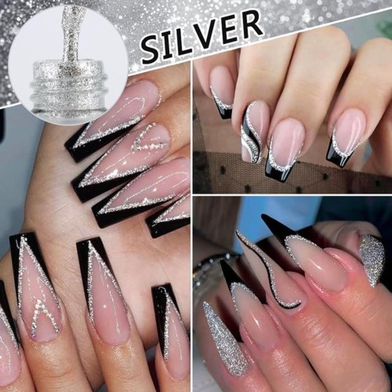 SUTOKAKA Gel Nail Polish Liner Set 2pcs 8ml Reflective Glitter Silver Gold Gel Nail Polish for Painting Drawing Line Swirl French Nail Design Build in Thin Brush Soak Off UV/LED Manicure Set