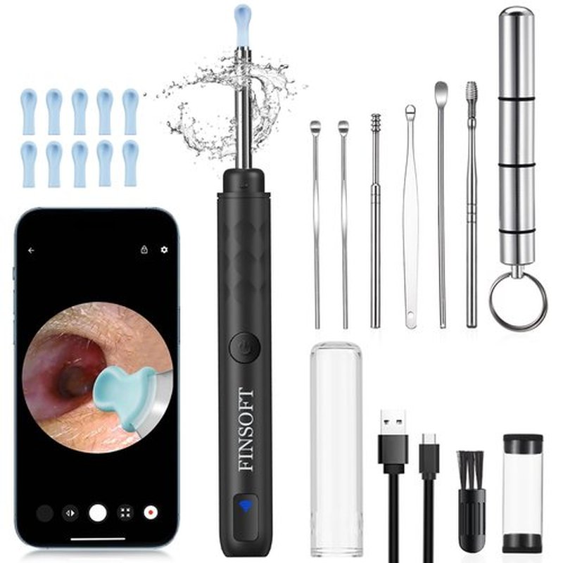 FINSOFT Ear Wax Removal Tool Camera, Ear Cleaner with Camera, Ear Wax Removal Cleaning Kit with 1296P HD Camera and 6 LED Lights, Earwax Removal Kit with 10 Ear Pick for iOS and Android, Black