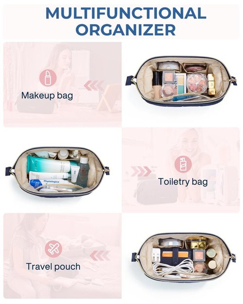 BAGSMART Makeup Bag Travel Toiletry Bag, Puffy Padded Make Up Bags for Women Makeup Organizer Case, Wide-open Pouch Purse Travel Essentials Toiletries Accessories Brushes, Navy Blue