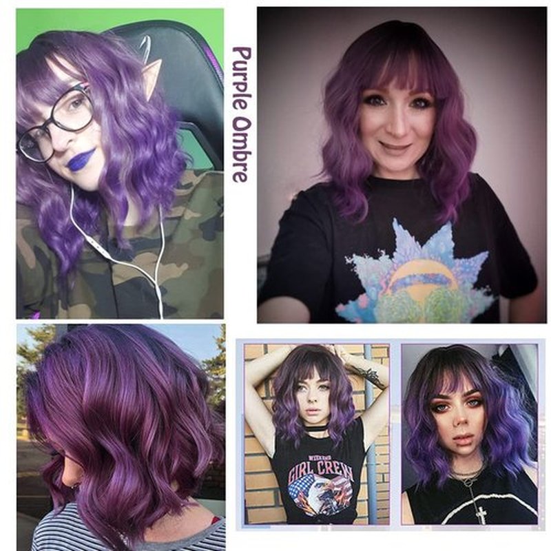 BERON 14 Inches Purple Wig Short Curly Wig with Bangs Synthetic Wigs Women Girls Dark Roots Ombre Purple Wigs with Wig Cap