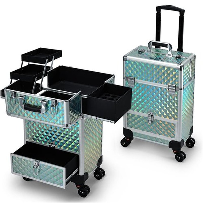 Hododou Rolling Makeup Case with Drawer Travel Trolley Cosmetology Case on Wheel Makeup Storage Salon Barber Case Traveling Cart Trunk for Cosmetologist Nail Tech Hairstylist - Blue