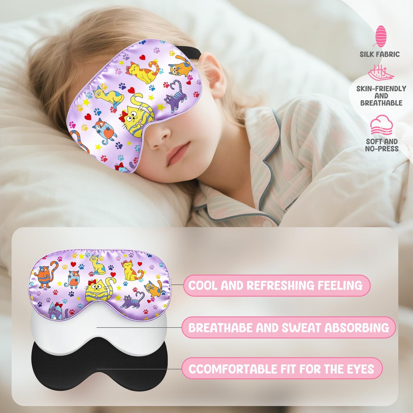 2 Pcs Sleep Mask for Kids Girls, Silk Eye Covers for Sleeping, Adjustable Strap & Light Blocking Design, Children's Bedtime Blindfold for Travel and Home Use (Rainbow Unicorn)