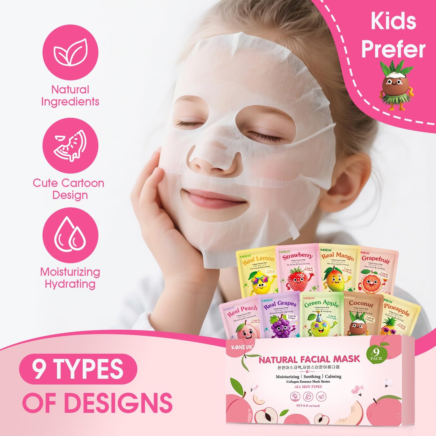 KONEUK 9 Pack Fruit Face Masks Skincare for Kids, Bulk Collagen Face Mask for Teens Women, Skin Care for Kids, Sleepover Party Supplies, Spa Birthday Party Supplies and Gifts for Girls