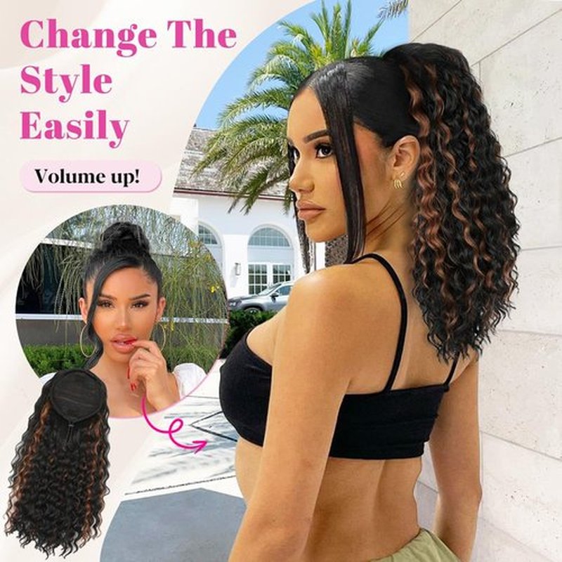 ALXNAN Wavy Curly Ponytail Extension, 18" Black With Highlights Drawstring Ponytail for Black Women Short Soft Natural Synthetic Hairpiece Thick For Daily Use