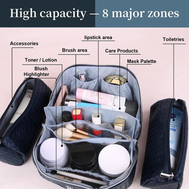 Makeup Bag Travel Cosmetic Case: Large Capacity Woven Cosmetic Bag Organizer - Portable Toiletry Bags with Handle for Women 1-Z-Dark Blue