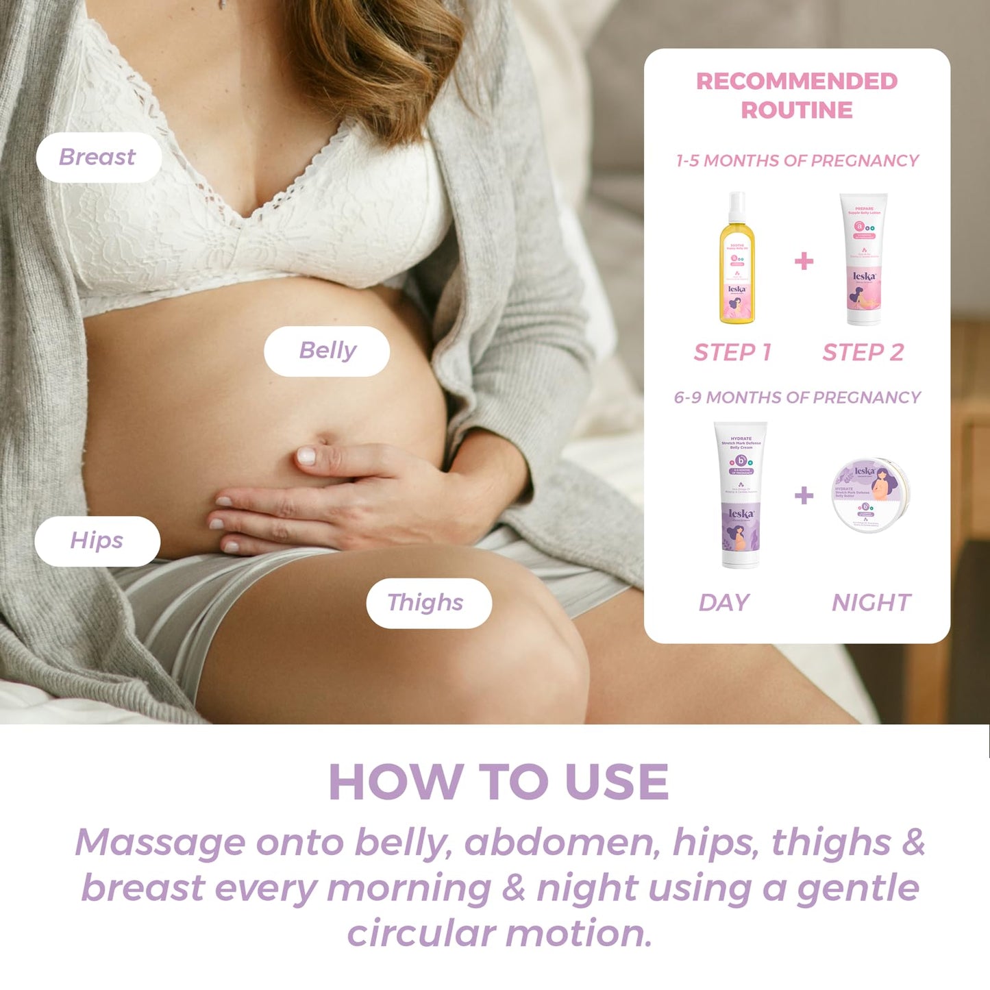 Leska Pregnancy Stages A & B Set | Belly Lotion, Belly Oil, Stretch Mark Defense Cream & Butter | Pregnant Mom Months 1-9 | Part of a Complete 3-Stage Pregnancy Skincare System (Set of 4, 4-4.93oz)
