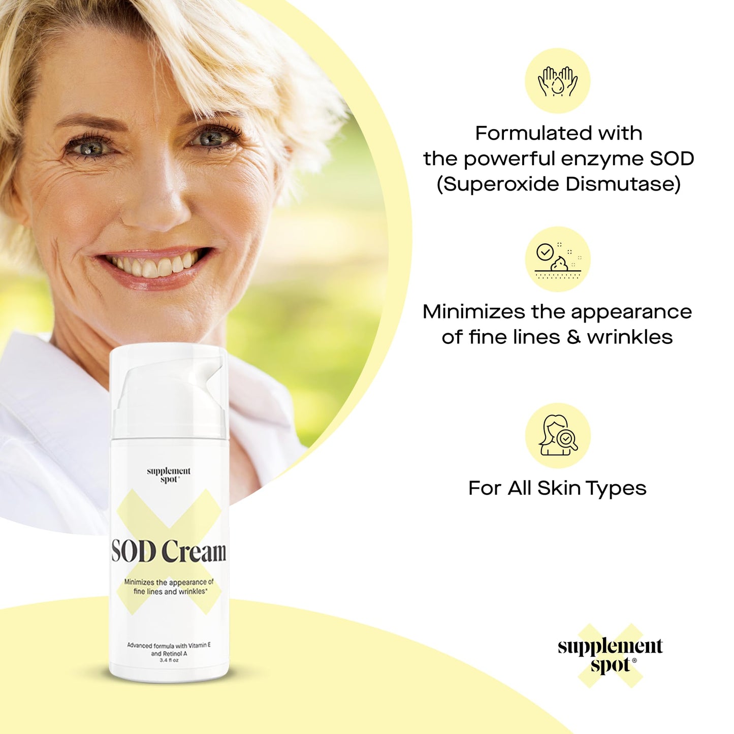 Supplement Spot Superoxide Dismutase (SOD) Anti-Aging Cream - Face Moisturizer for Fine Lines & Wrinkles, Smooth & Firm Skin, Youthful Glow, Antioxidant-Rich Skincare, 3.4 oz