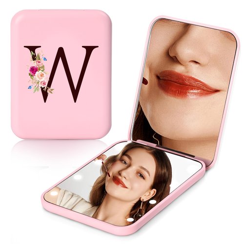 KEWWADB Travel Mirror with Lights, Initials Portable Compact Mirror, Travel Essentials, Suitable for Teen Girls, Young Women Gifts Ideas, Birthdays Gifts(Pink) (W)