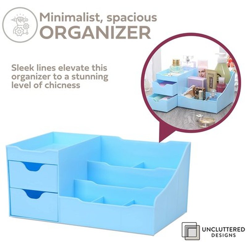 Uncluttered Designs Makeup Organizer With Drawers - Modern Countertop Storage for Cosmetics - Chic Vanity Holder for Cologne, Skincare, Brush, Lipstick, Nail Polish Organization & Display (Blue)