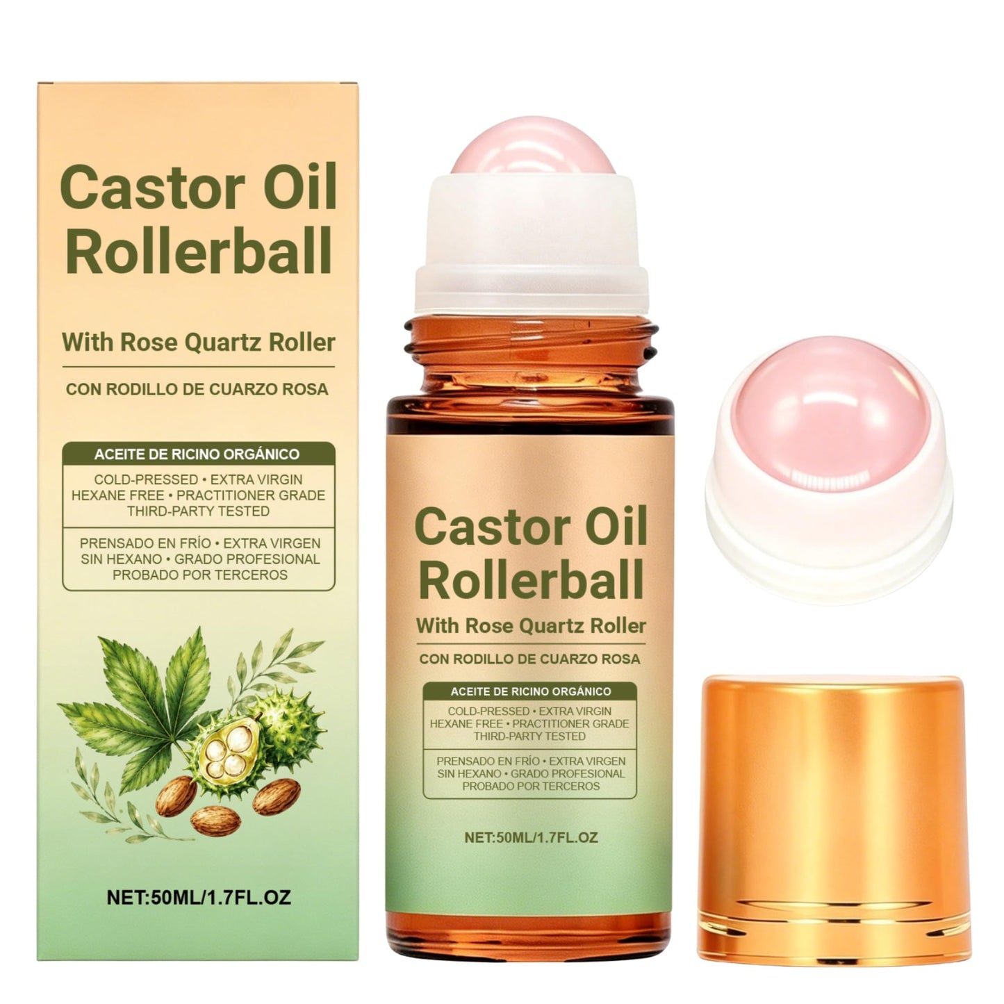 RAINPOT Organic Castor Oil Roll On with Rose Quartz Roller – 100% Cold Pressed Moisturizing Oil for Brows, Lashes, Face, Hairline & Dry Skin – Travel Friendly Leakproof Roller Bottle (2)