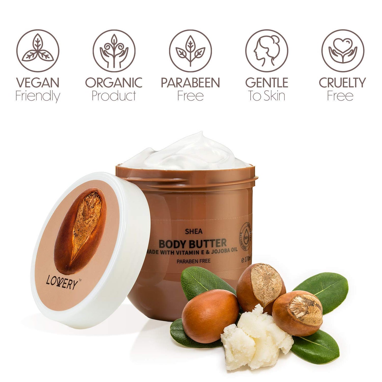 LOVERY Shea Whipped Body Butter, 6oz Ultra-Hydrating Shea Butter Body Cream Enriched with Jojoba Oil and Vitamin E, Natural Skin Moisturizer for Men & Women for Sensitive, Normal, Dry Skin