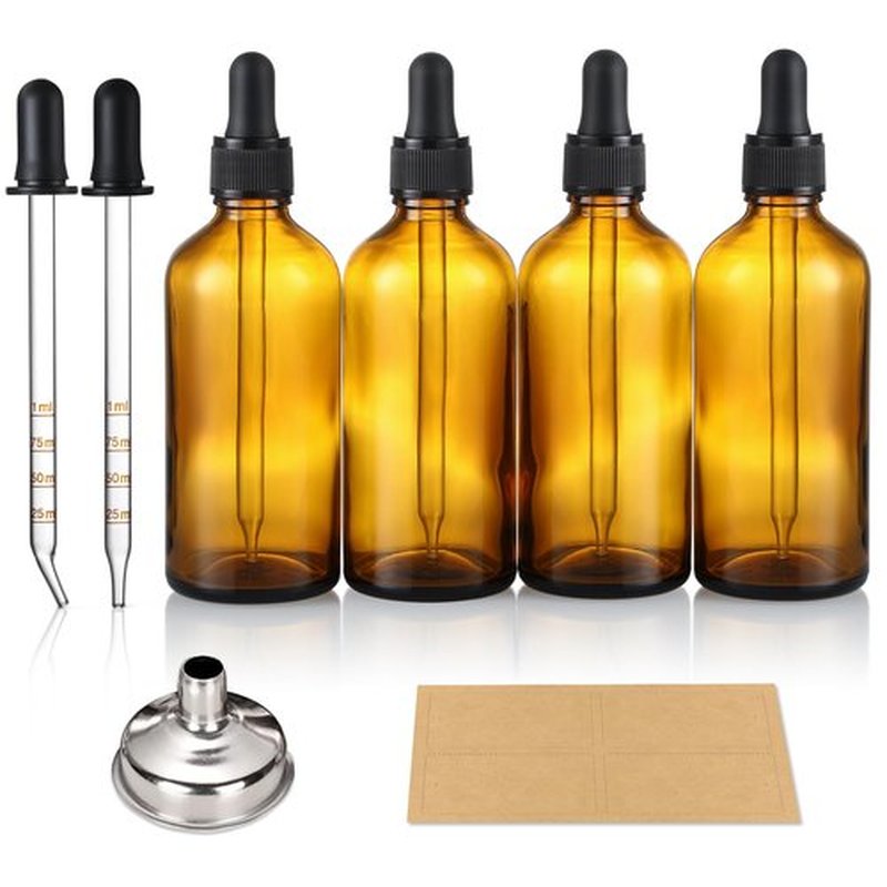 4 Pack, 100ml Amber Glass Dropper Bottles Plus 2pcs Graduated Calibrated Glass Pipettes (1ml)- 3.4oz Dark Brown Tincture Bottles with Eye Droppers for Essential Oils, Liquids - Leakproof Travel Bottle