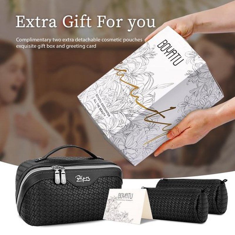 Travel Makeup Bags Cosmetic Organizer Bag: Large Capacity Make up Bag Set of 3 - Vegan Leather Woven Toiletry Bag for Women - Portable Makeup Organizer with Compartments & Handle & Divider Black