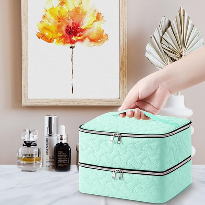 Nail Polish Organizer Case Holds 42 Bottles (15ml/0.5 fl.oz), Double-Layer Nail Polish Storage with Adjustable Dividers, Portable Nail Polish Bag for Nail Gel Nail Lamp and Manicure Tools, Green