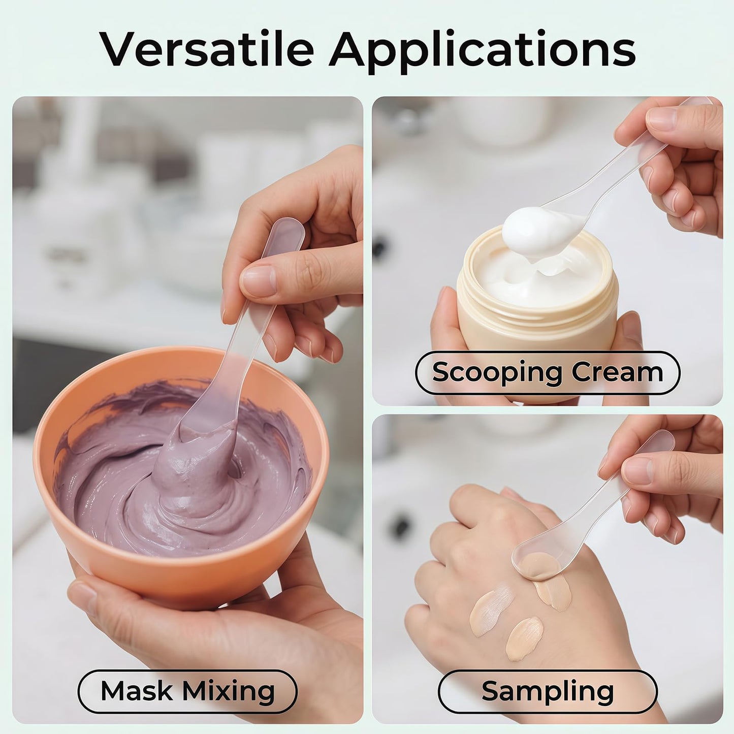 50Pcs Transparent Premium Plastic Cosmetic Spatula Makeup Scoop Mask Spoon, Frosted Tip Disposable & Reusable Beauty Tool for DIY Makeup, Sampling, Mask Mixing, Lotion & Cream Application