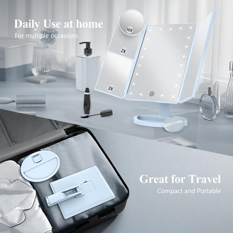 HUONUL Makeup Mirror Vanity with Lights, 2X 3X 10X Magnification, Lighted Mirror, Touch Control, Trifold Dual Power Supply, Portable LED Women Gift (Blue)