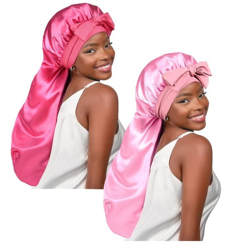 YANIBEST 2Pcs Silk Bonnet for Sleeping Braid Bonnet for Long Hair with Tie Band Bonnet for Braids for Black Women Curly Hair Locs,Hot Pink&pink