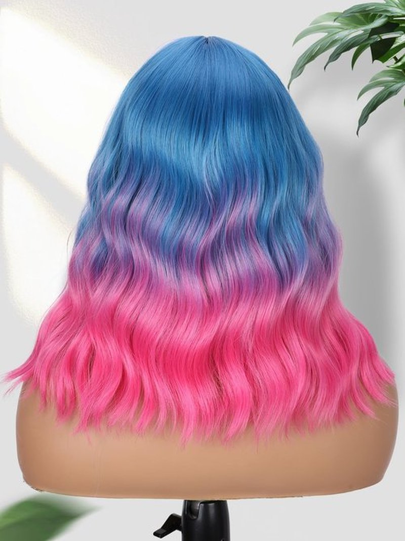 Fancy Hair Pink and Blue Wavy Bob Wig Short Wavy Wig with Bangs Glueless Wear and Go Wig Synthetic Shoulder Length Bob for Girl Women Daily Party Use