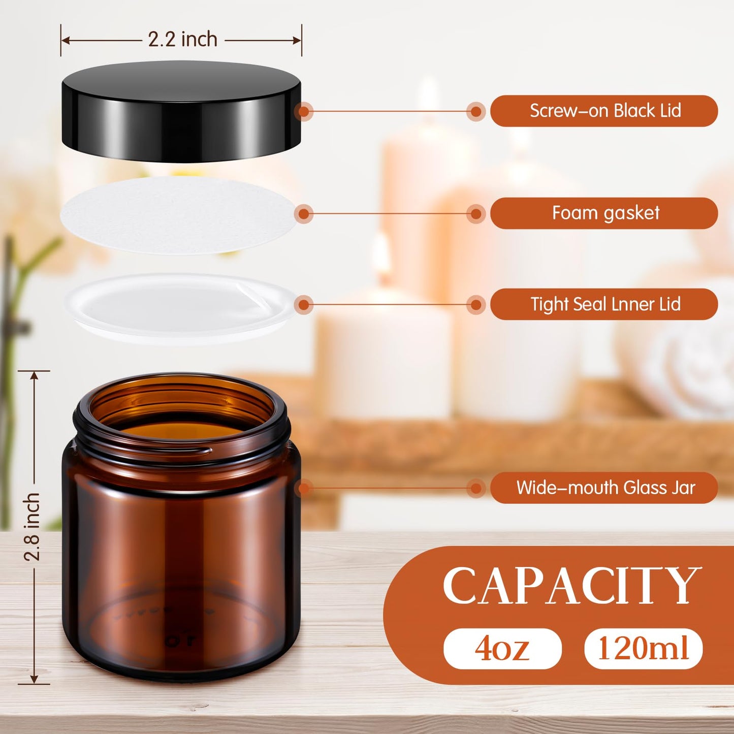 Norme 120 Pcs 4 oz Glass Jars with Lids Leakproof Round Airtight Empty Cosmetic Jars with Inner Liners Lid for Storing Lotions Powder Ointments Making Tins (Black,Amber)
