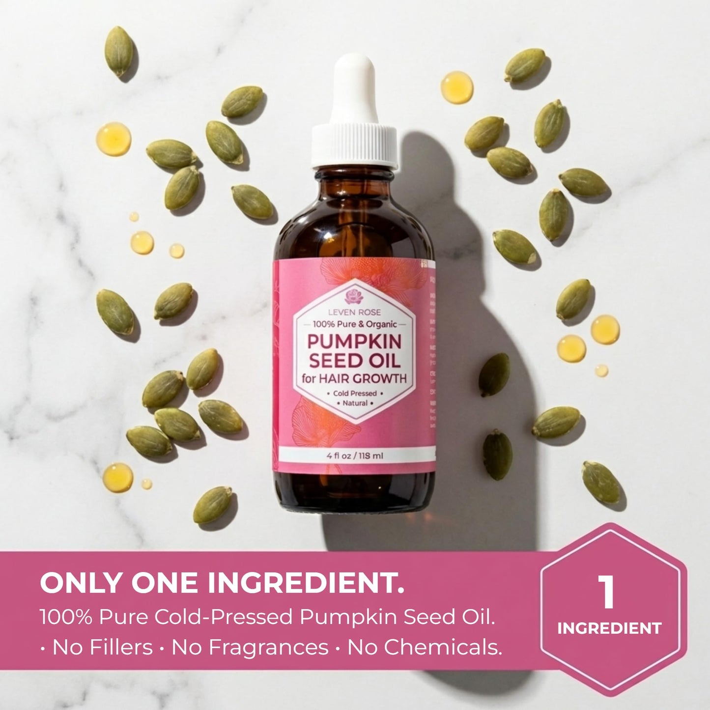 Leven Rose Organic Pumpkin Seed Oil, 4 oz, Pure Cold Pressed Unrefined Hexane Free Oil for Hair Growth, Scalp, Skin and Face, Made in USA with USA Grown Seeds