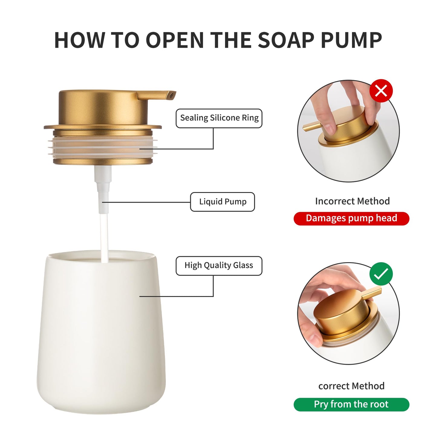 Enra Ceramic Soap Dispenser, 12 Oz Wide-Mouth Hand Lotion Dispenser with Gold Pump, White Refillable Dish Soap Dispenser for Kitchen & Bathroom Countertop Decor