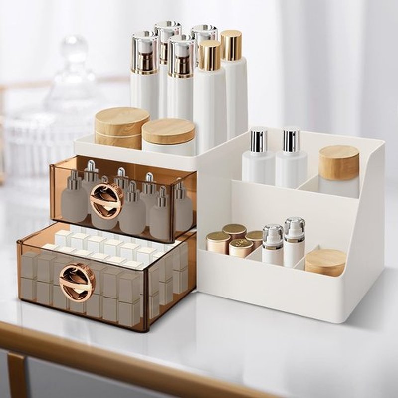 Makeup Organizer with Clear Drawers,Plastic Skincare Organizers for Vanity,Large Capacity Makeup Organizer Countertop for Cosmetics, Skincare,Office Stationery (Brown Drawer)