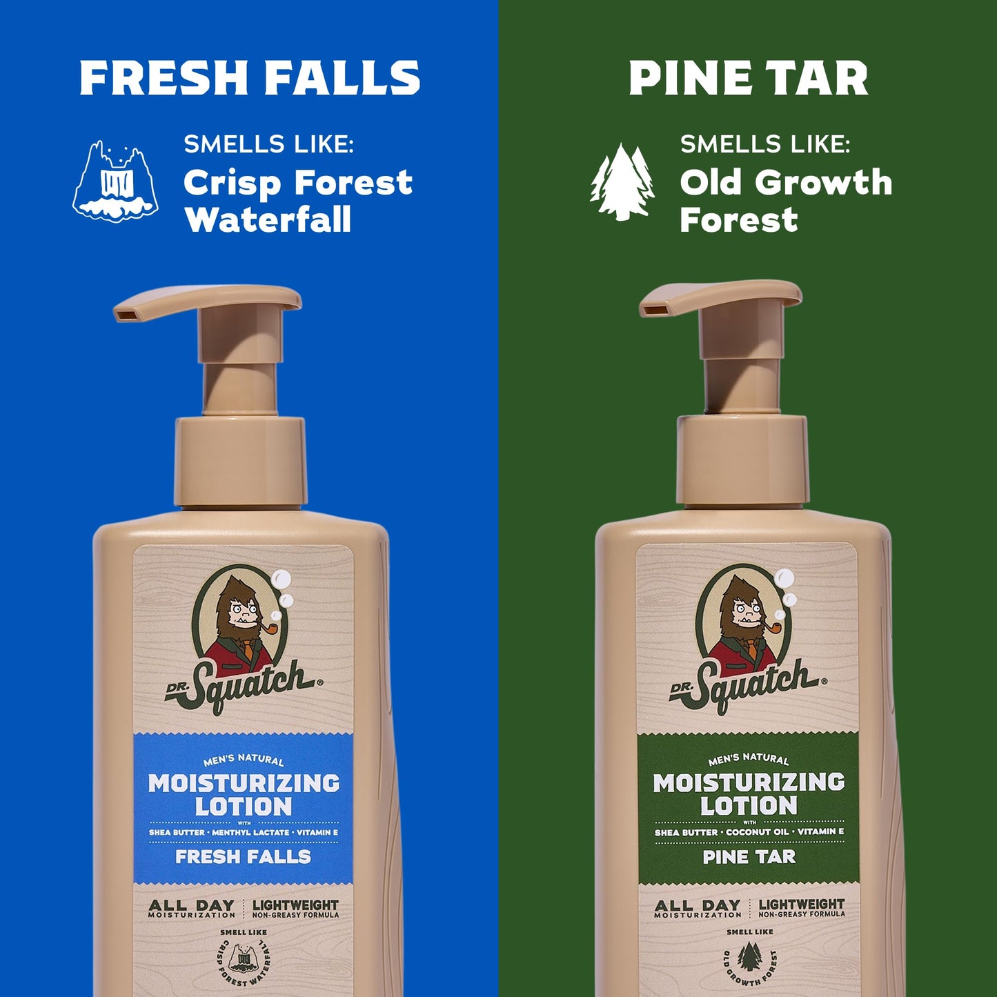 Dr. Squatch Natural Hand and Body Lotion for Men - Made with Shea Butter, Coconut Oil, Vitamin E for 24-Hr Moisturization - Pine Tar & Fresh Falls (10 fl oz, 2-Pack)