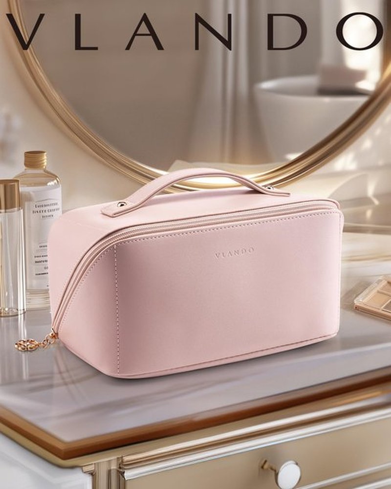 Vlando Travel Makeup Bag,Travel Toiletry Bag for Women Waterproof Portable Makeup Organizer Bag with Divider and Handle for Travel Essentials Skincare Brushes,Gifts for Women-Pink