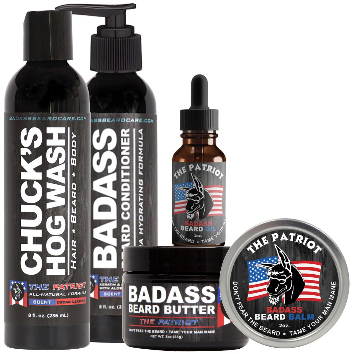 Badass Beard Care Complete Beard Care Kit - 5 Full Size Essentials - Includes Beard Oil, Beard Balm, Beard Butter, Wash and Conditioner - Promotes Fuller & Thicker Beard Growth (The Patriot)