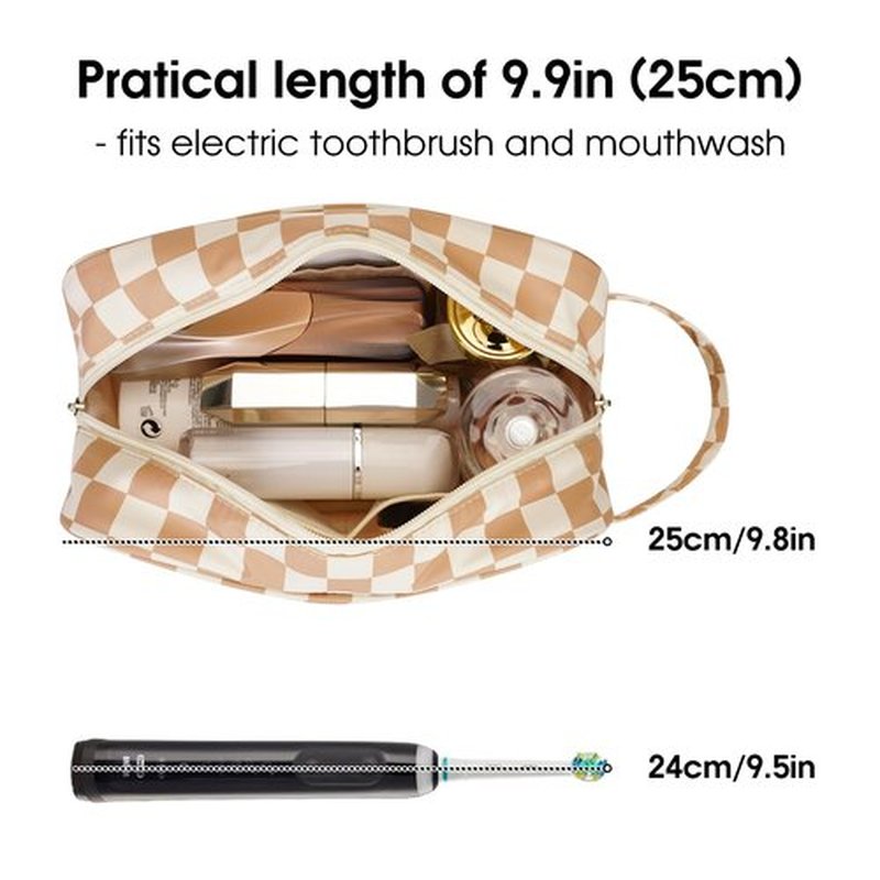 Narwey Travel Toiletry Bag for Women Traveling Dopp Kit Checkered Makeup Bag Organizer for Toiletries Accessories Cosmetics (Light Brown Checkerboard)