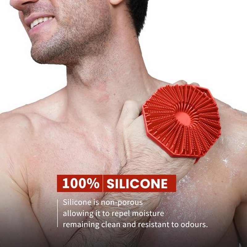 iTokGoK® Premium Silver-Infused 2-in-1 Silicone Body Scrubber, Double-Sided Design Body Brush Silicone Body Scrubber Exfoliating Body Brushes for All Skin for Showering, Lathers Well- Red