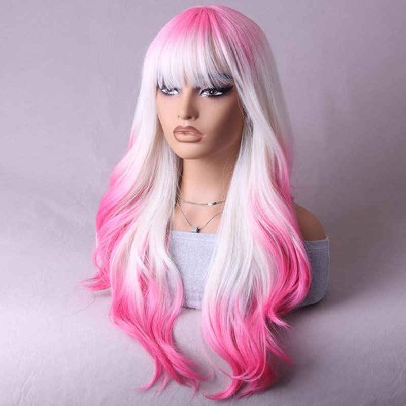 RightOn Hot Pink Wig Long Wavy Wig Ombre Hot Pink Wig with Bangs Pink Wigs with Wig Cap