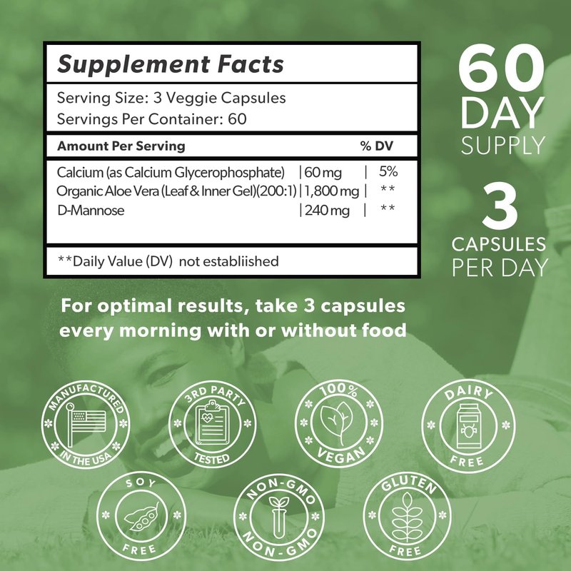 Aloe Vera Capsules - 200x Concentrate with D-Mannose & Calcium | Easy to Swallow Pills