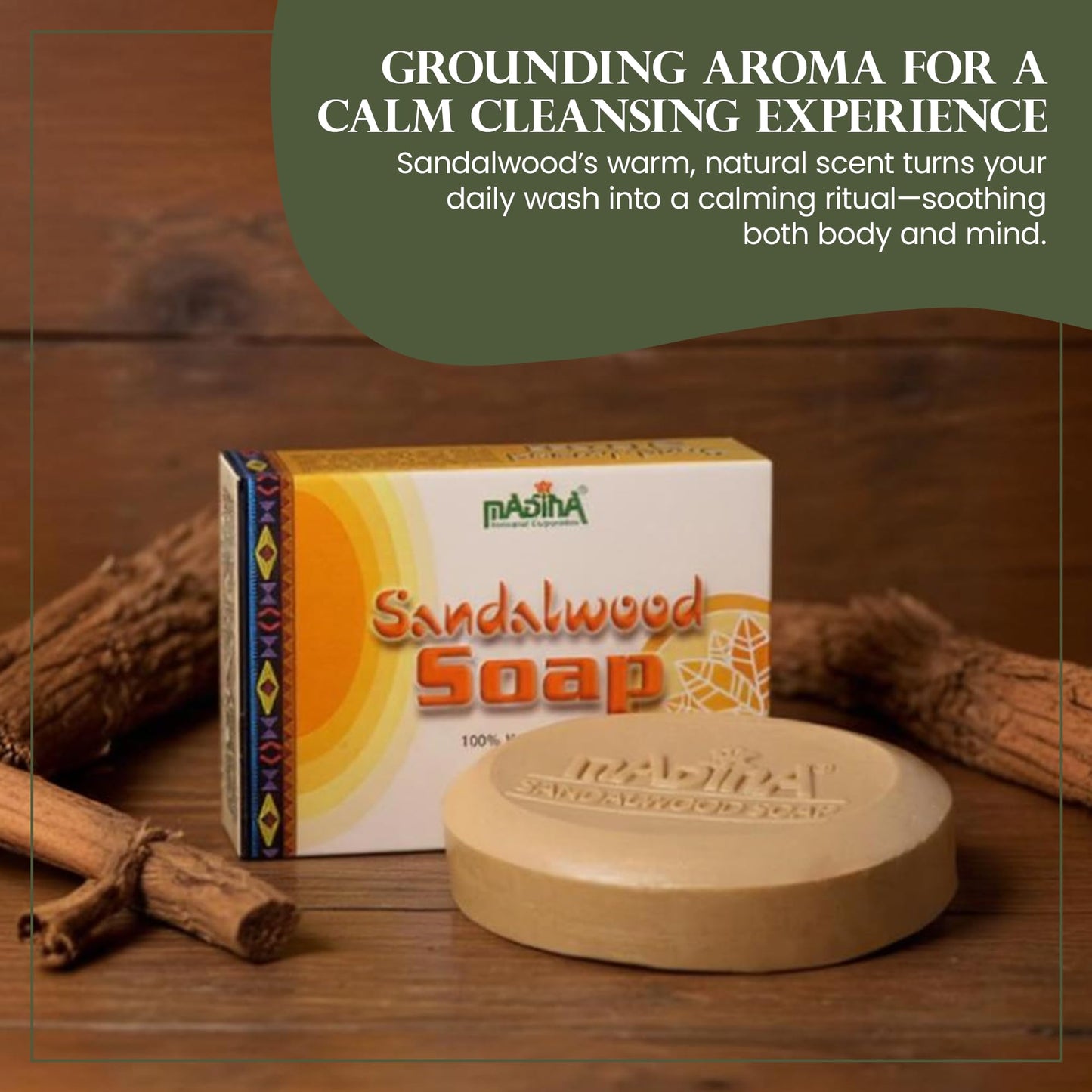 Madina Sandalwood Soap Bar – Moisturizing, Gentle Cleanser, Aromatic Sandalwood, Vitamin E, Aloe Vera, 100% Vegetable-Based, For All Skin Types, 6 Pack (3.5 oz Each)