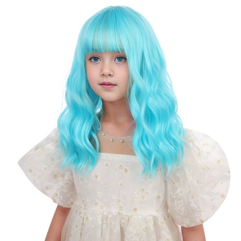 Edivd Teal Blue Wig for Gilrs Kids Short Green Wig with Air Bangs Short Green Child Wavy Curly Wig Heat Resistant Synthetic Wig with Wig Cap