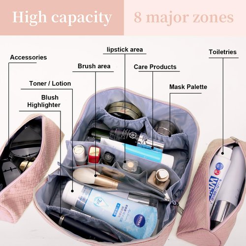 Travel Makeup Bags Cosmetic Organizer Bag: Large Capacity Make up Bag Set of 3 - Vegan Leather Toiletry Bag for Women - Portable Makeup Organizer with Compartments & Handle & Divider (1 Pink)